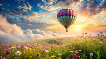 Naklejka premium Serene Hot Air Balloon Ascending Above a Vibrant Wildflower Meadow at Sunrise