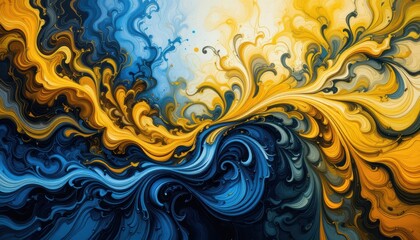 Vibrant Swirling Abstract Art Dynamic Ink Effect in Yellow and Blue