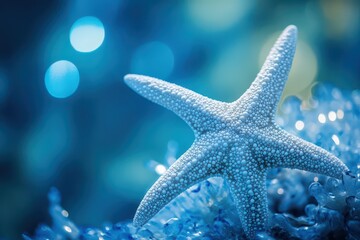 Starfish resting on ocean floor in blue water
