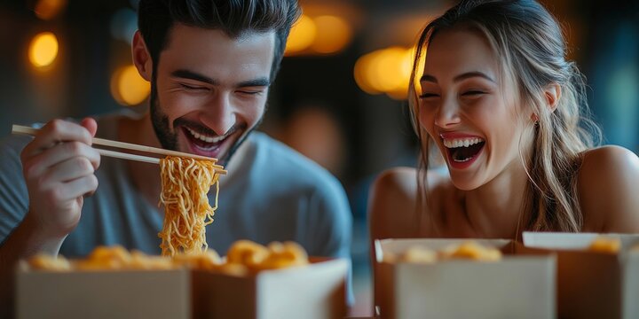 Happy couple enjoying noodles with chopsticks in restaurant