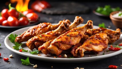 A black plate piled with char-grilled chicken drumsticks,
