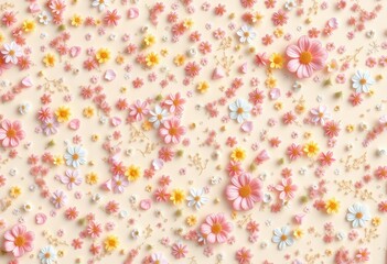 Delicate pastel floral scatter, seamless, intricate, whimsical shapes on cream , botanical, textile
