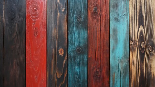 Wooden planks painted in red, dark teal colors show rustic texture. Aged timber surface with paint chips displays natural wood grain pattern. Design concept for furniture wall panel decorative items