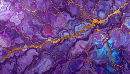 Fluid Purple and Silver Marble Texture with Gold Veins Abstract Art Background