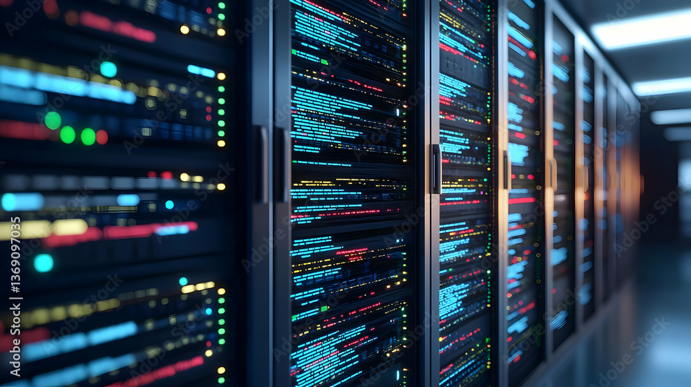 Poster rows of glowing server racks in modern data center