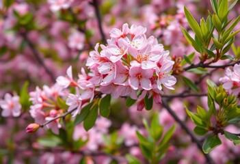 Obraz premium Delicate pink almond blossoms emerge amidst vibrant green foliage, springtime, petals