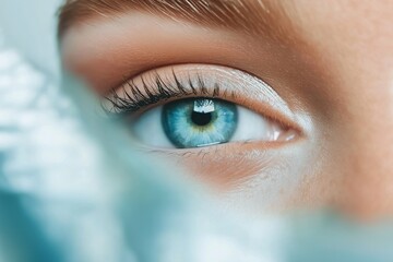 Obraz premium A close-up of a blue eye with a reflection, partially covered by a blurred fabric, creating a dreamy look