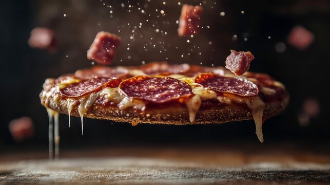 Close up photo of delicious salami pizza slice levitating in air. Melted cheese drips down side of pizza slice. Pieces of salami scattered around slice. Conceptual photo of tasty snack meal. Perfect