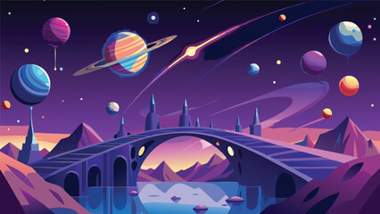 Futuristic Fantasy Landscape Vibrant Alien Planet with Bridge and Planets