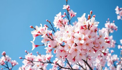 Delicate pink and white cherry blossoms in full bloom against a clear blue spring sky, blossom, romantic