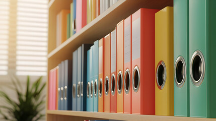 Fototapeta premium Colorful Filing Folders On Wooden Shelves