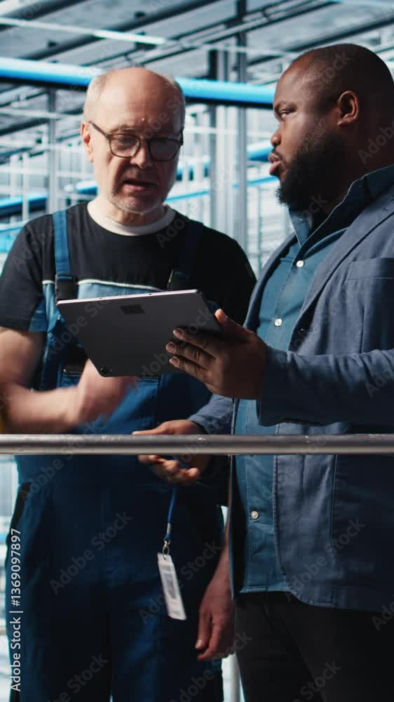 Aufkleber vertical video engineers talking with manager overseeing smart factory, showing collected metrics. t