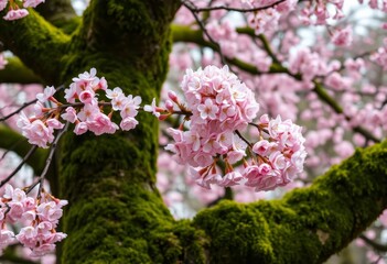 Delicate pink cherry blossoms adorn a moss-draped, ancient tree in full bloom, background, nature