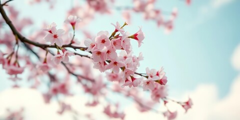 Fototapeta premium Delicate pink cherry blossoms cascade against a blurred spring sky , background, outdoor