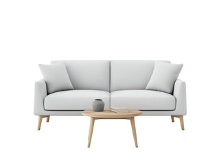 Modern Minimalist Sofa with Chic Wooden Coffee Table on White Background