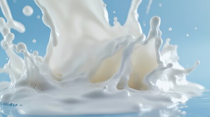 Milk poured into glass creating splash. Dairy product poured from pitcher into glass. White liquid spills, creates wave in glass. Blue background simple, clean. Image closeup. Liquid flow shown.