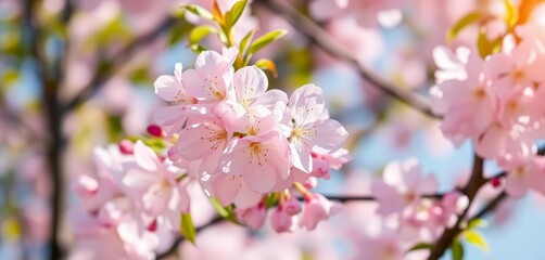 Obraz premium Delicate pink cherry blossoms in full bloom, bathed in soft spring sunlight, tranquility, growth
