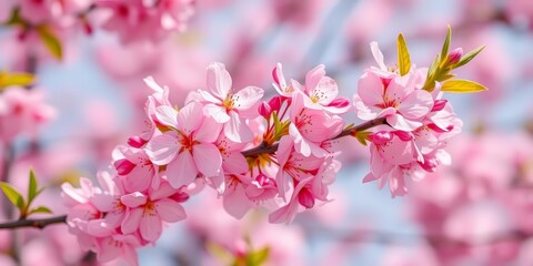Obraz premium Delicate pink cherry blossoms in full bloom on a spring branch, beautiful, sunlight