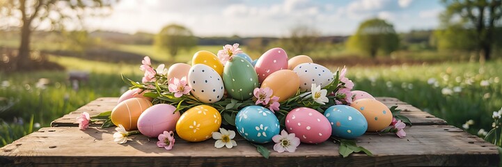 Fototapeta premium Vibrant Easter Eggs on Rustic Wooden Table with Blooming Spring Flowers Against Soft-Focus Green Meadow Blue Sky Perfect for Easter Celebrations Seasonal Designs and Holiday-Themed Marketing Materials