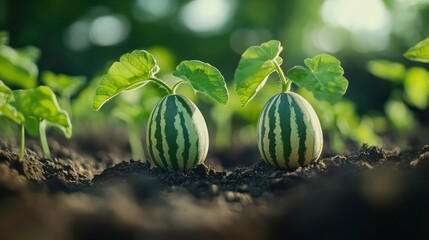 Closeup view of two young green striped melons growing in garden. Fresh produce growing in soil. Green leaves surrounding melons. Organic farming in progress. Natural growing process captured