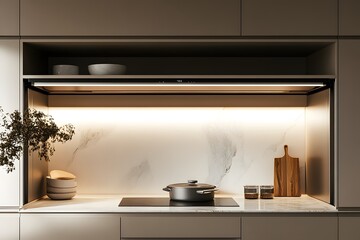 Streamlined minimalist kitchen with a neutral color scheme, marble backsplash, and touch-open cabinets.