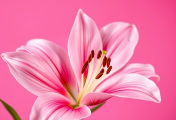 Fototapeta premium Delicate pink lily blossom close-up against a soft pink backdrop, ample copy space, elegant, delicate