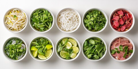Ingredients for preparing a delicious pan asian pho soup are laid out in bowls