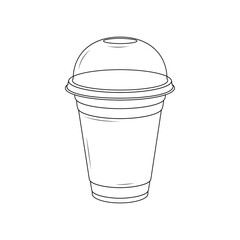 Black and white line drawing of a takeaway coffee cup with a dome lid. Ideal for menus, cafe branding, stickers, coloring pages, and coffee-related designs.