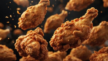 A dynamic arrangement of crispy fried chicken drumsticks appears to float against a deep red background.