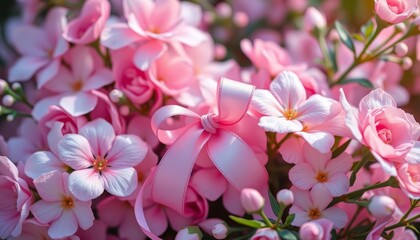 Delicate pink ribbon nestled amongst soft pink and white flowers, background, graphic