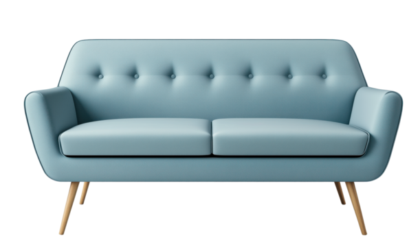 Mid-Century Modern Blue Sofa with Wooden Legs on White Background