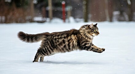 Obraz premium A Norwegian Forest Cat Gracefully Leaping Across a Snow-Covered Landscape_