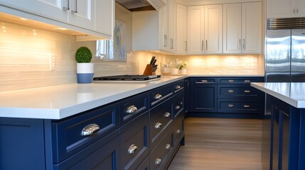 Fototapeta premium Two-tone kitchen with navy blue lower cabinets, white upper cabinetry, and a smooth quartz countertop.