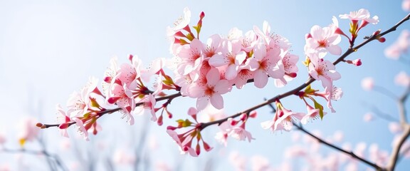 Obraz premium Delicate pink sakura blossoms in full bloom on a branch against a clear spring sky, branch, flower