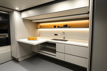 Fototapeta premium Ultra-minimalist kitchen with sleek built-in storage, a floating breakfast counter, and matte white cabinetry.