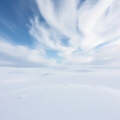 A lone snowflake gently falls amidst the swirling shapes of a cloudy sky and snowy landscape, peaceful, white, frozen