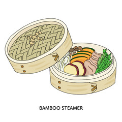 せいろ蒸しの野菜と豚肉の線画イラスト