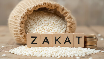 Rice in sack with coins. Zakat concept.  Zakat and Food Distribution in Ramadan