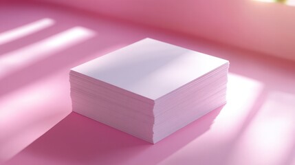 Pink room, stacked paper, sunlight, mockup