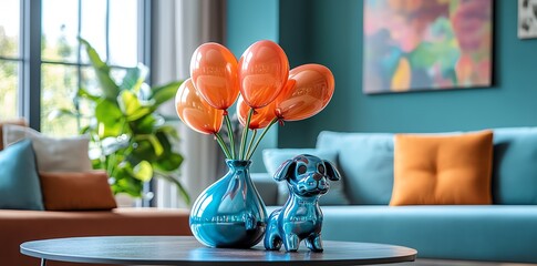 Vase with Orange Balloons and Decorative Dog on Coffee Table