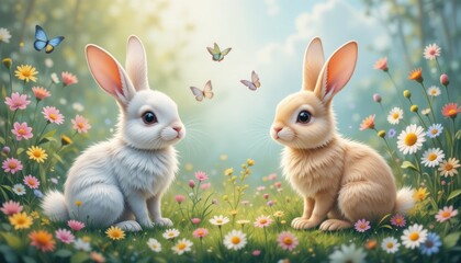 Adorable Bunnies in a Flower Meadow A Whimsical Springtime Illustration