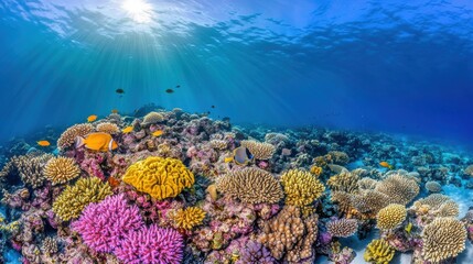 Obraz premium Vibrant Underwater Coral Reef Ecosystem with Diverse Marine Life and Sunlight Filtering Through Clear Water Above, Showcasing Nature’s Beauty and Biodiversity in the Ocean
