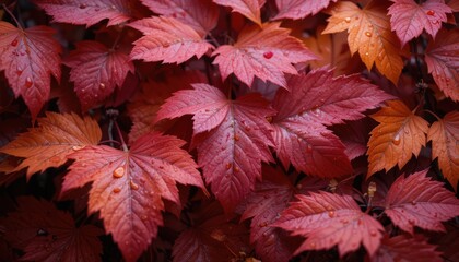 Radiant Autumn Leaves A Stunning Close-Up of Red and Orange Foliage with Dew Drops