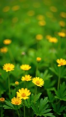 Obraz premium Bright yellow ranunculus flowers scattered on lush green grass, nature photography, blooming wildflower
