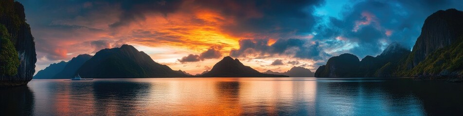 Naklejka premium Dramatic Sunset Over a Serene Fjord