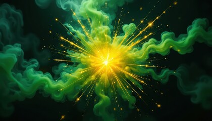 Obraz premium Abstract Green and Yellow Explosion Swirling Smoke, Bright Sparks, and Vibrant Energy