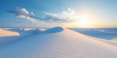 A serene landscape of white sand dunes under a bright sky at sunset.