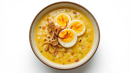 Chicken soup in yellow sauce with boiled egg topping 