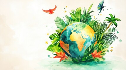Vibrant Watercolor Illustration of Earth Surrounded by Lush Greenery, Tropical Plants, and Colorful Birds in a Bright, Cheerful Composition for Eco-Friendly Themes