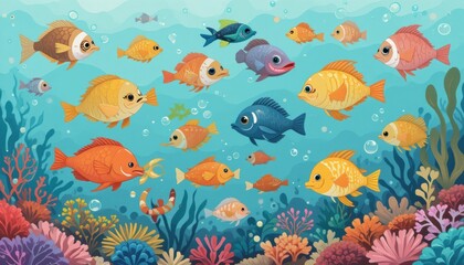 Vibrant Underwater Illustration Colorful Fish Swimming Amidst Coral Reef
